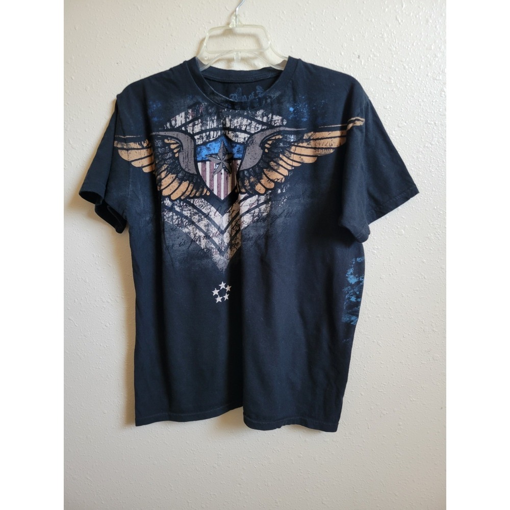 Ring of Fire‎ Black Graphic T-shirt Front Back American Flag Shield  Eagle Sz L